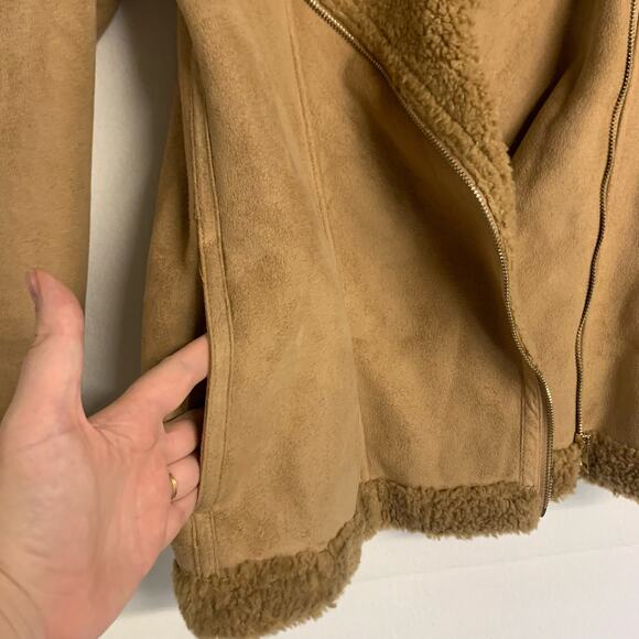 Liu Jo Coat Jacket Faux Suede Shearling Sherpa Penny Lane Moto Lined Tan - Picture 6 of 10